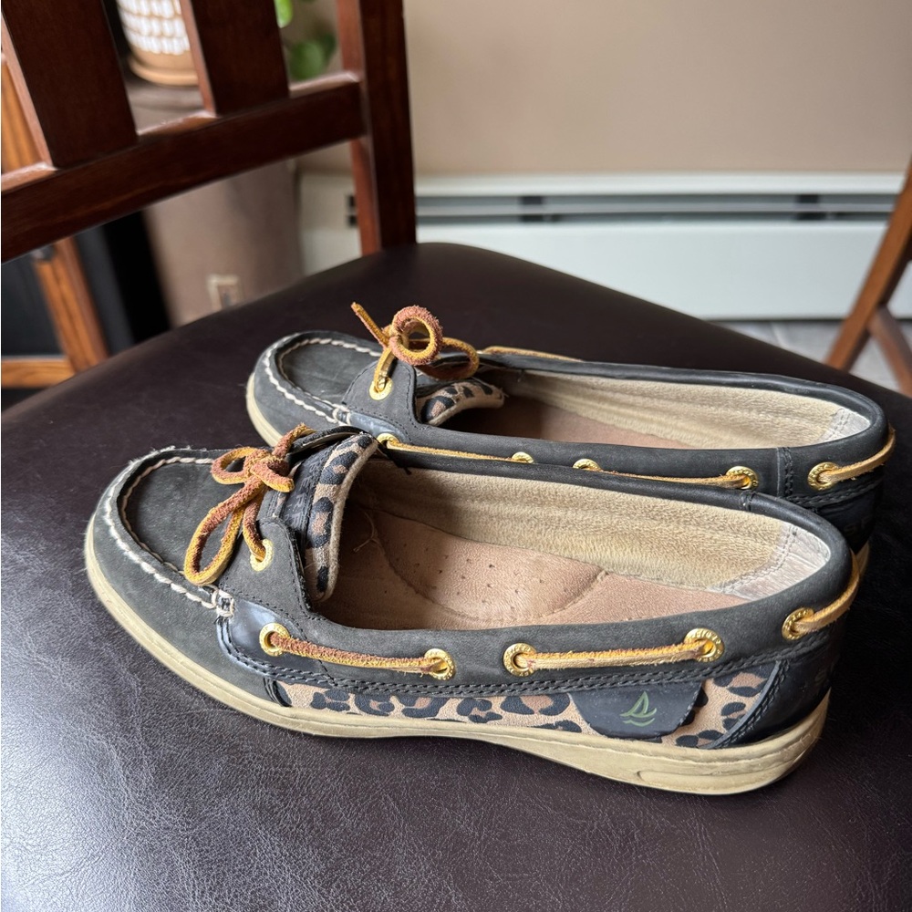 Sperry Leopard Print Boat Shoes - Black and Tan